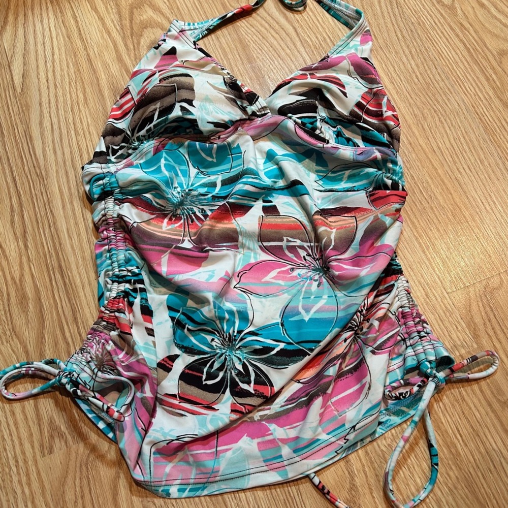 Croft‎ & Barrow Floral Halter Tankini Top Pink Teal Ruched Size 12